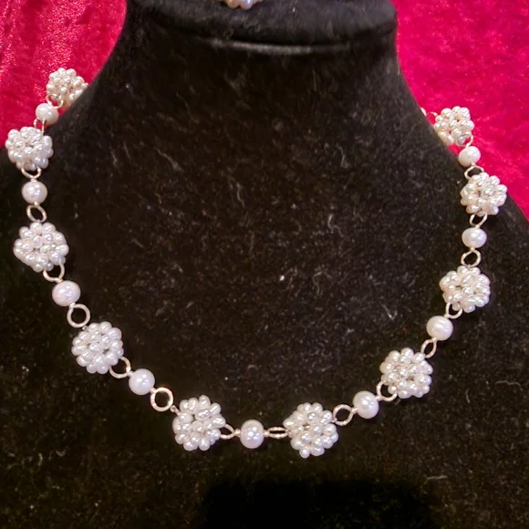 STERLING Faux Pearl Cluster Necklace and Drop Earrings Set - White